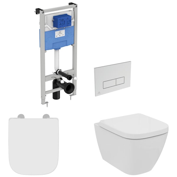 Ideal Standard i.life S compact wall hung toilet with slow close seat, Prosys frame 1150 and Oleas chrome push plate
