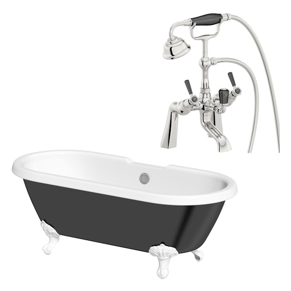 The Bath Co. Dulwich black roll top freestanding bath with white claw feet 1695 x 740 with free tap