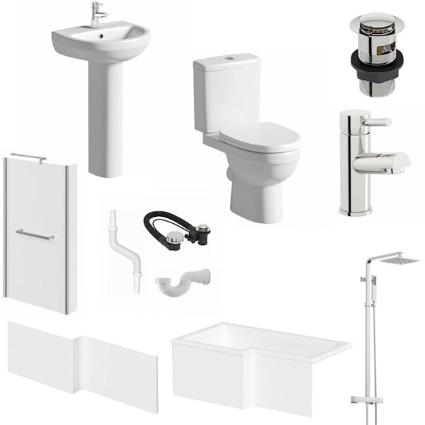 Orchard Eden bathroom suite with left handed L shaped shower bath 1700 x 850 with taps, shower and wastes