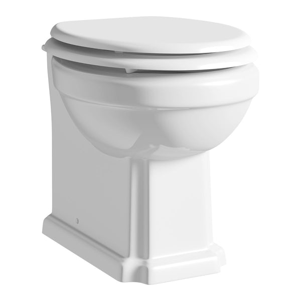 The Bath Co. Dulwich back to wall toilet with white soft close seat, concealed cistern and push plate