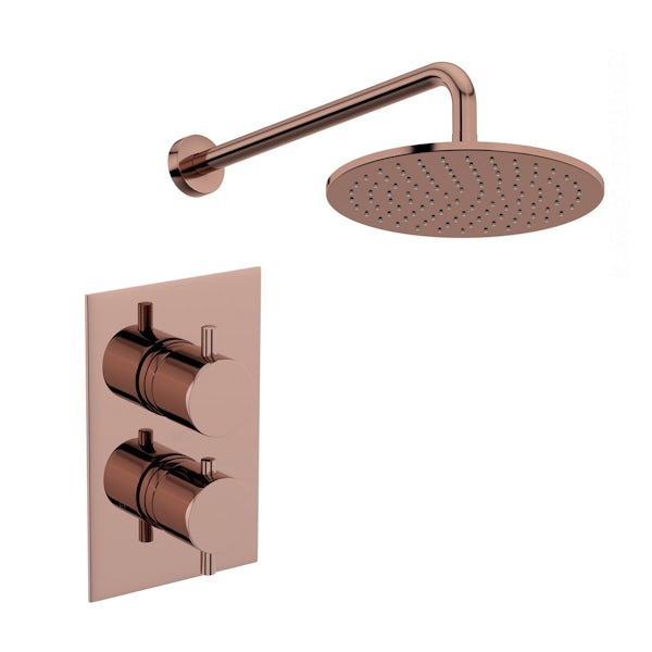Mode Cooper black hinged quadrant shower enclosure with Spencer rose gold shower set and tray 900 x 900