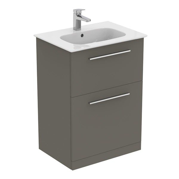 Ideal Standard i.life A quartz grey matt floorstanding vanity unit with 2 drawers and brushed chrome handles 640mm