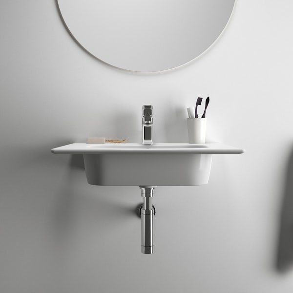 Ideal Standard i.life A 1 tap hole wall hung basin 640mm with chrome bottle trap and fixing kit