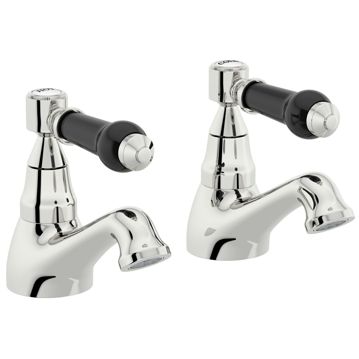 Orchard Winchester basin pillar taps with black lever handle and slotted waste