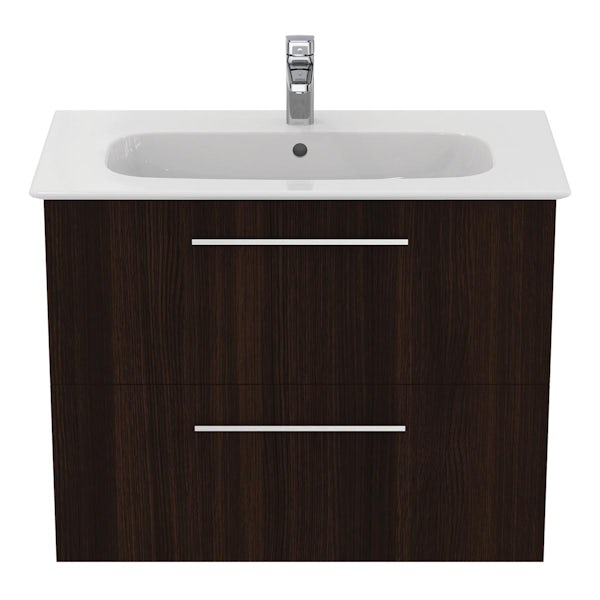 Ideal Standard i.life A coffee oak wall hung vanity unit with 2 drawers and brushed chrome handles 840mm