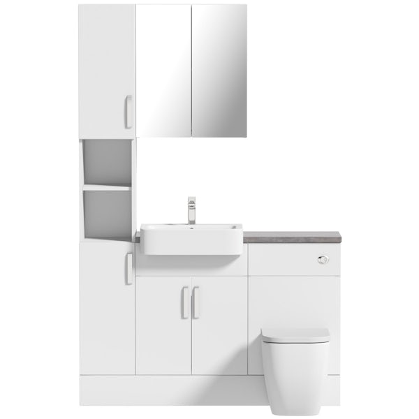 Mode Nouvel gloss white tall fitted furniture & mirror combination with mineral grey worktop