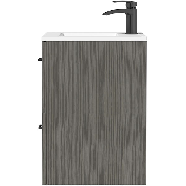 Orchard Lea avola grey wall hung vanity unit with black handle and ceramic basin 600mm
