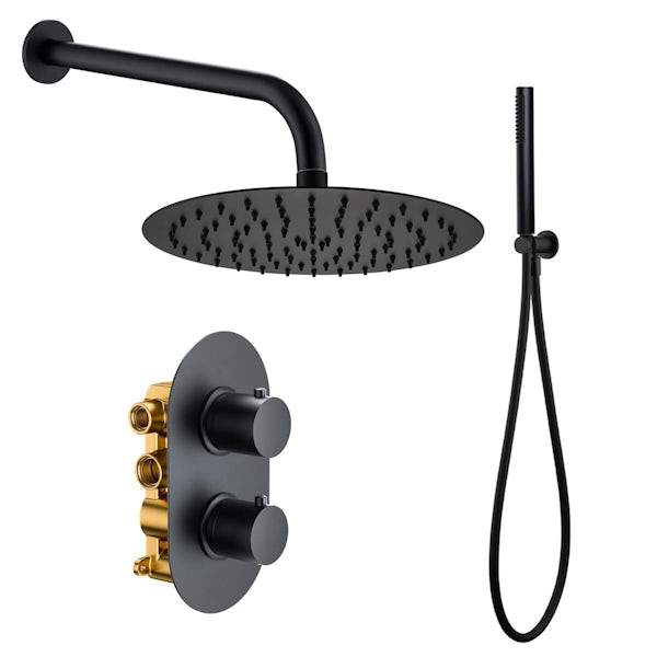 Orchard bathrooms matt black round wall shower, handset and thermostatic twin valve set