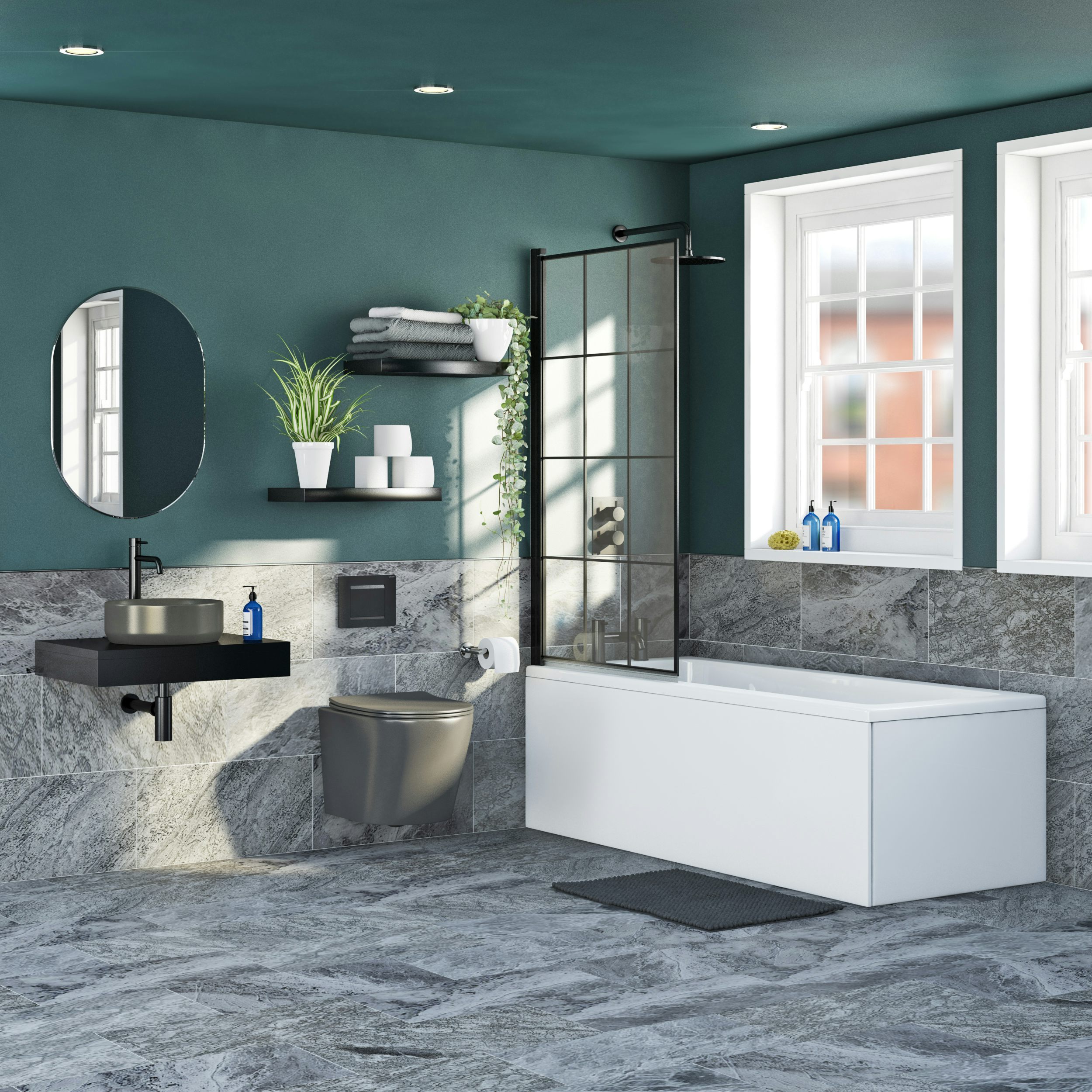 Mode Orion complete bathroom suite with contemporary charcoal grey wall hung toilet and straight shower bath