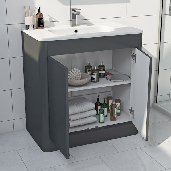 Mode Carter slate gloss grey floorstanding vanity unit and ceramic basin 800mm with mirror cabinet