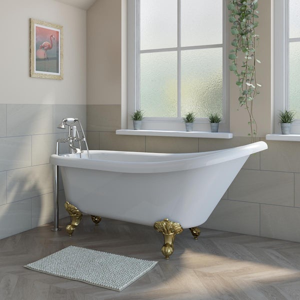 Orchard Traditional single ended slipper bath with brushed brass ball and claw feet