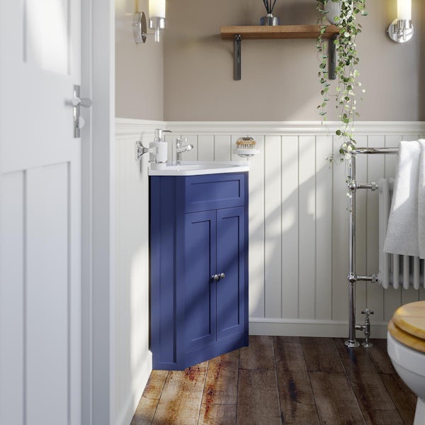 The Bath Co. Camberley navy corner floorstanding vanity unit and ceramic basin 580mm with tap