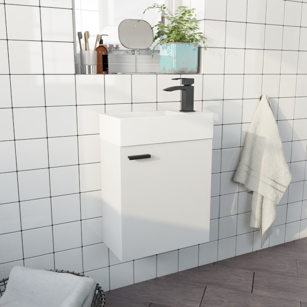Clarity Compact white wall hung vanity unit and basin 410mm with tap and black handles