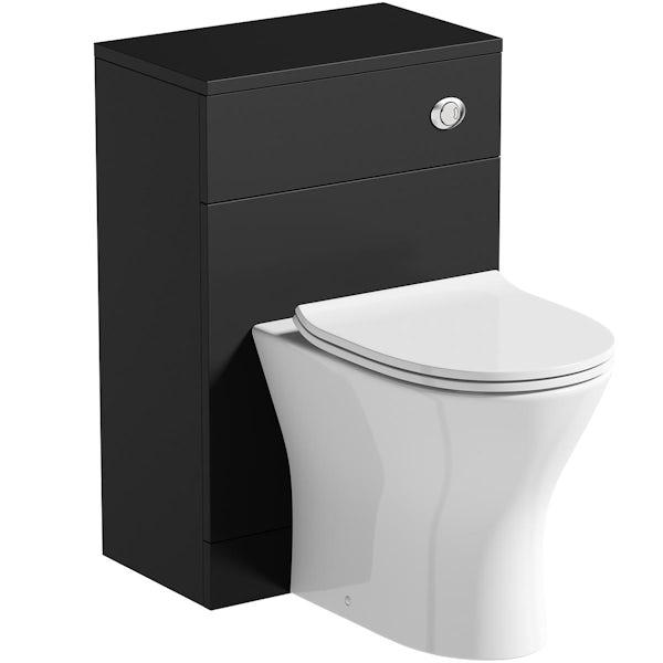 Orchard Lea soft black slimline back to wall unit 500mm and Derwent round back to wall toilet with seat