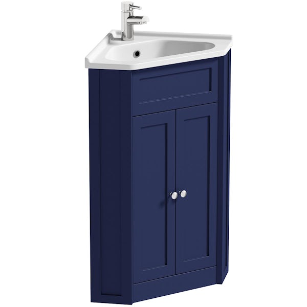 The Bath Co. Camberley navy corner floorstanding vanity unit and ceramic basin 580mm with tap