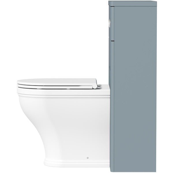 The Bath Co. Aylesford mineral blue back to wall unit and rimless toilet with soft close seat
