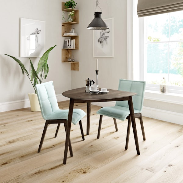 Ernest walnut apartment table with 2 x Hadley light cyan dining chairs