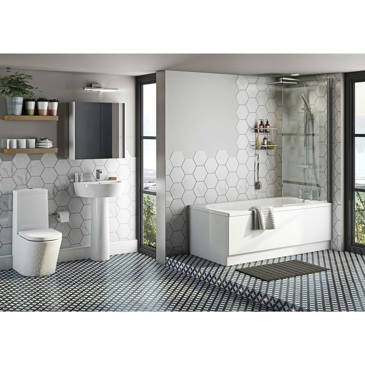 Mode Tate bathroom suite with straight bath, shower and taps 1700 x 700