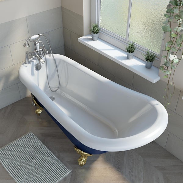 Orchard Dulwich navy single ended slipper bath with brushed brass ball and claw feet