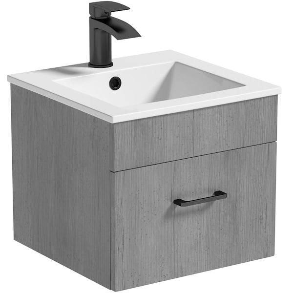 Orchard Lea concrete wall hung vanity unit with black handle 420mm and Derwent square close coupled toilet suite