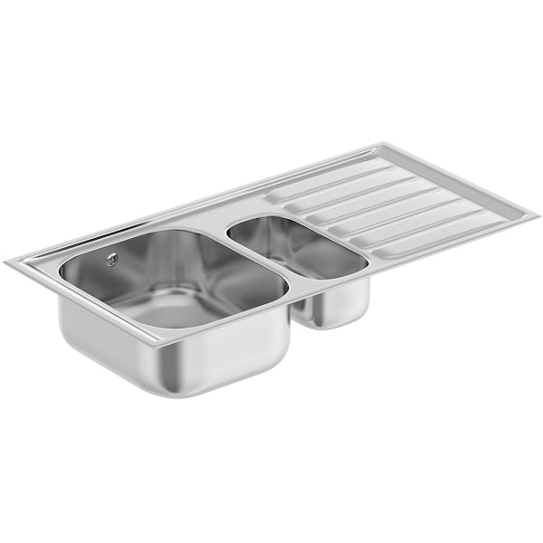 Rangemaster Manhattan 1.5 bowl right handed kitchen sink with waste kit and Schon C spout WRAS kitchen tap