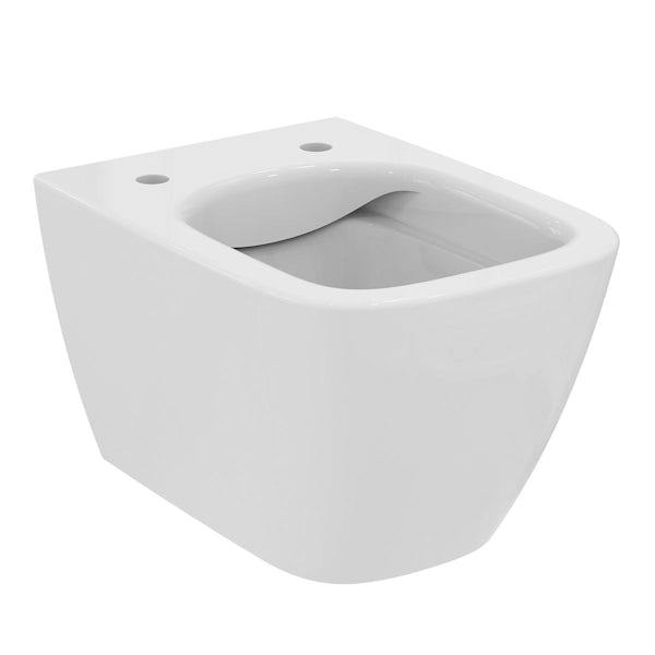 Ideal Standard i.life S compact wall hung toilet with slow close seat, Prosys frame 1100 and Oleas chrome push plate