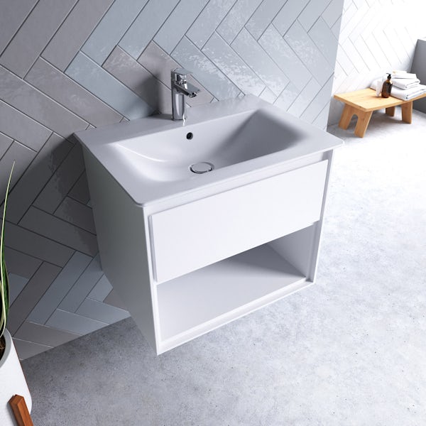 Ideal Standard Concept Air gloss and matt white open vanity unit with close coupled toilet