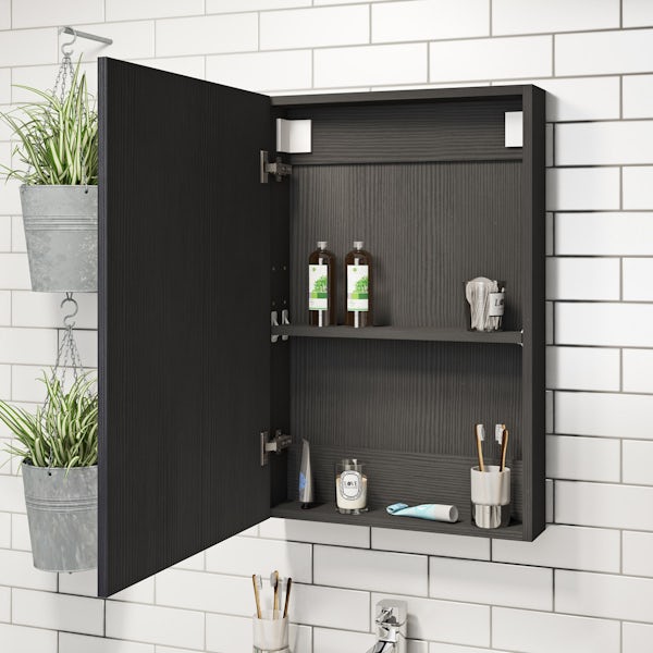 Orchard Wye essen black floorstanding vanity unit and basin 600mm with mirror cabinet