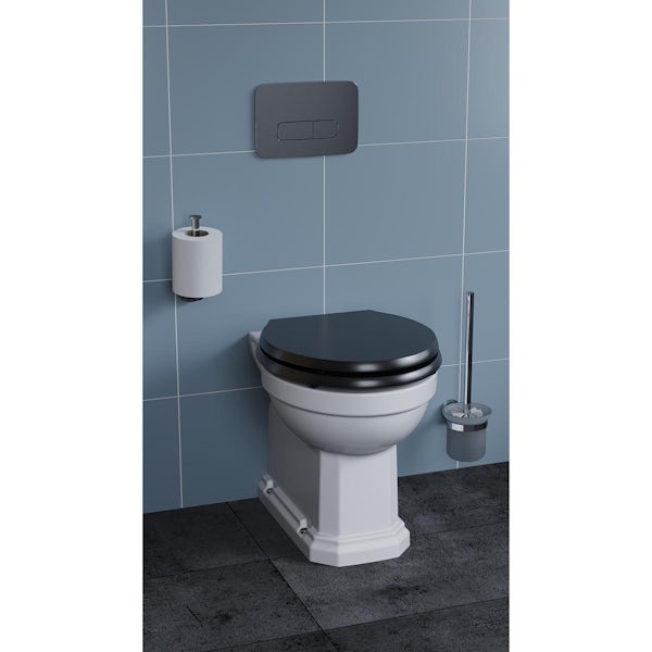 Ideal Standard Waverley back to wall toilet with black seat, Prosys mechanical cistern and Oleas M3 chrome flush plate