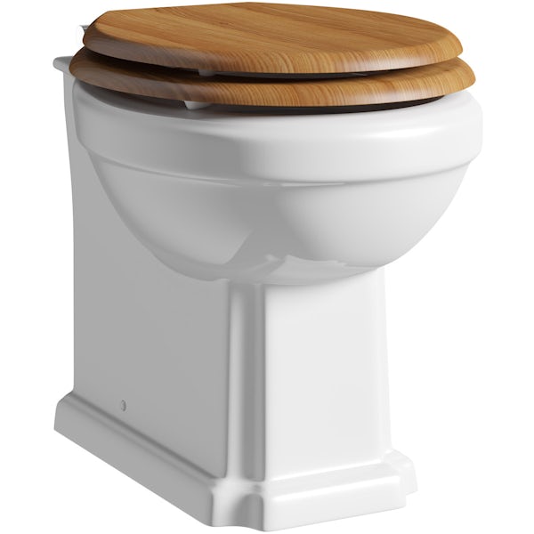 The Bath Co. Dulwich back to wall toilet with oak effect soft close seat and concealed cistern