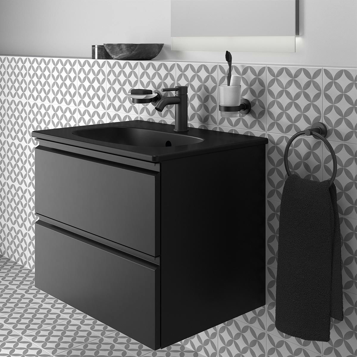 Ideal Standard Tesi silk black wall hung vanity unit and basin 600mm with tap & accessories