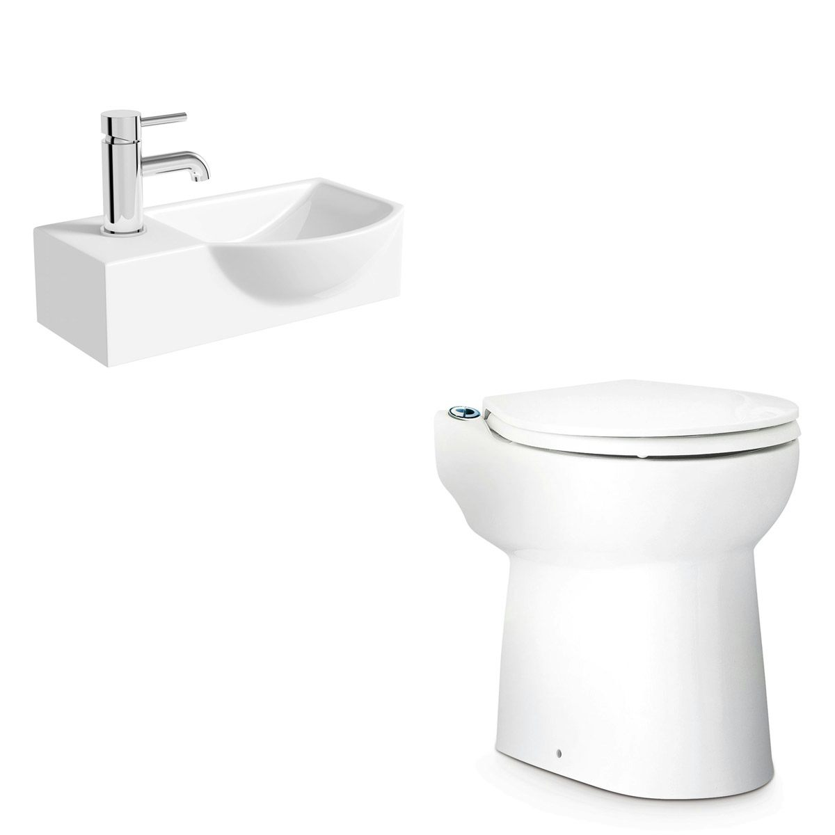 Saniflo Sanicompact cloakroom solution with cisternless back to wall toilet, macerator and small basin 410mm