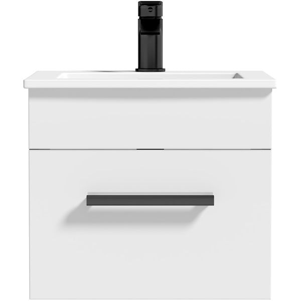 Orchard Derwent white wall hung vanity unit with black handle and ceramic basin 420mm