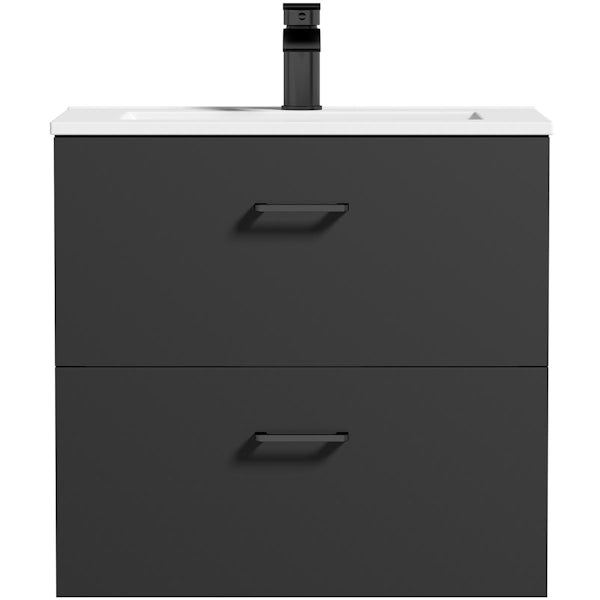 Orchard Lea soft black wall hung vanity unit with black handle 600mm and Derwent square close coupled toilet suite