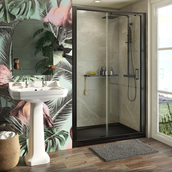 Mode 6mm matt black shower door with black anti slip shower tray 1200 x 800