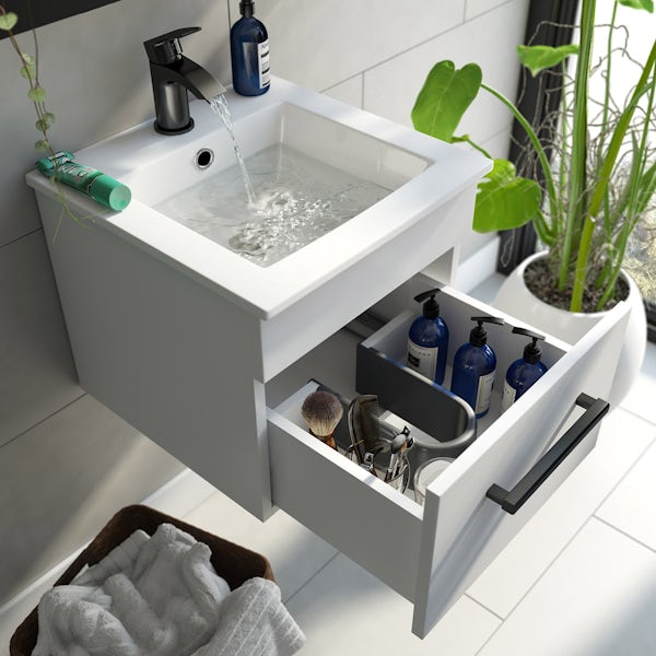 Orchard Derwent white wall hung vanity unit and ceramic basin 420mm with black handle, tap & waste
