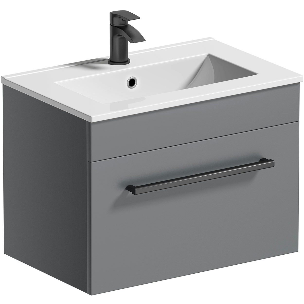 Orchard Derwent stone grey wall hung vanity unit and ceramic basin 600mm with black handle, tap & waste