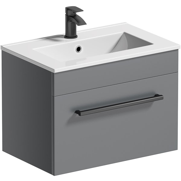 Orchard Derwent stone grey wall hung vanity unit with black handle and ceramic basin 600mm