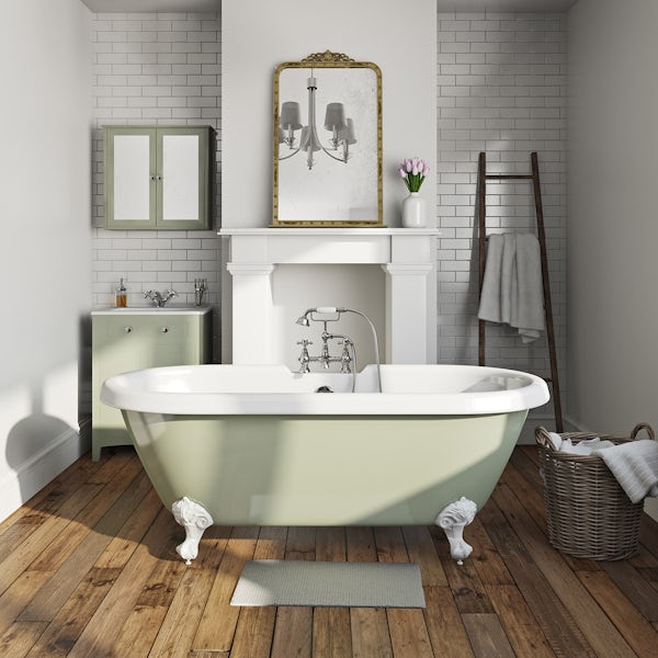 Sage coloured bath with tap and waste