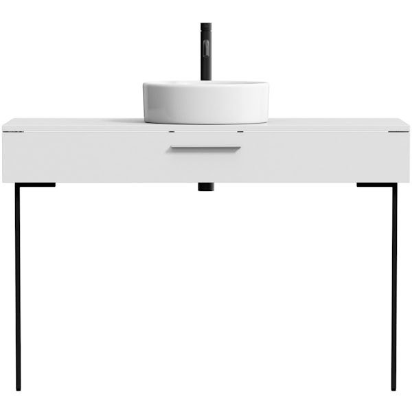 Mode Scher white countertop drawer unit and black steel legs 1200mm with Calhoun countertop basin, tap, waste and trap