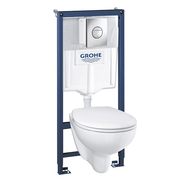 Grohe Bau wall hung toilet with soft close seat and wall mounting frame and Nova flush plate