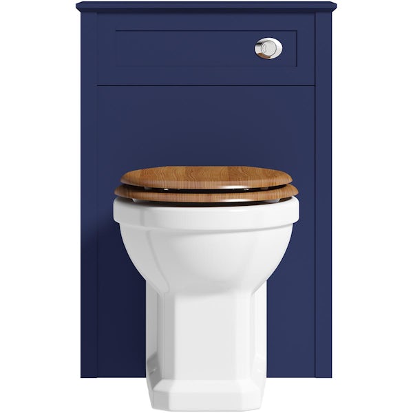 The Bath Co. Camberley navy back to wall toilet unit with traditional toilet and oak seat