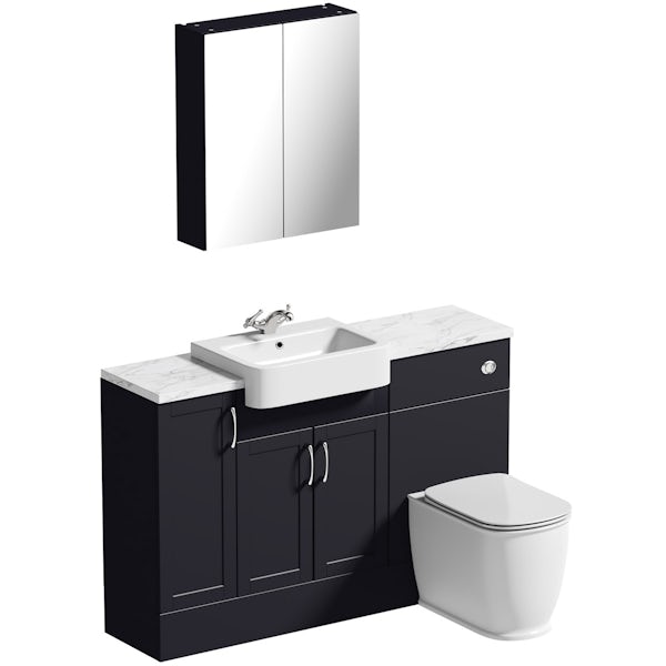 Reeves Newbury indigo small fitted furniture & mirror combination with white marble worktop