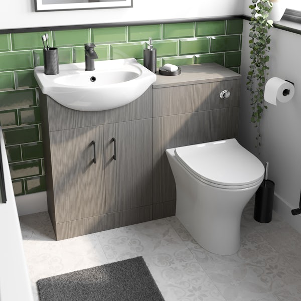 Orchard Lea avola grey furniture combination with black handle and Derwent round back to wall toilet with seat