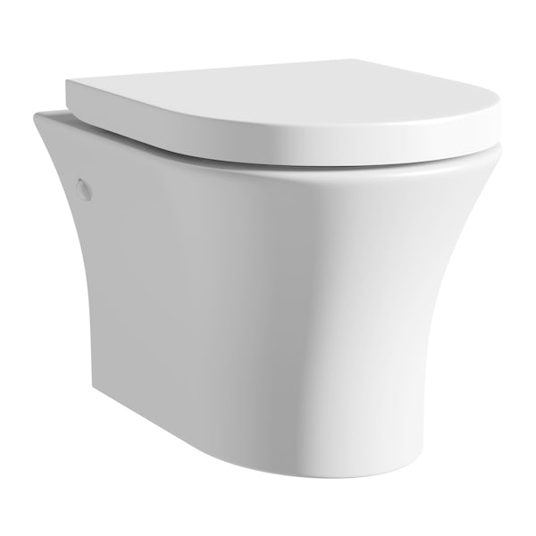 Mode Hardy rimless wall hung toilet with soft close seat and wall mounting frame with push plate cistern