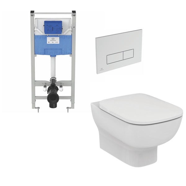 Ideal Standard Studio Echo wall hung toilet with soft close seat, frame and Oleas flush plate
