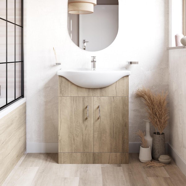 Orchard Lea oak floorstanding vanity unit and ceramic basin 650mm