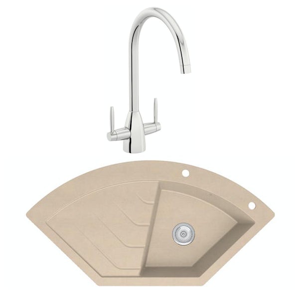 Schon Albro Sand beige 1.0 bowl left hand kitchen sink with Schon dual lever kitchen tap