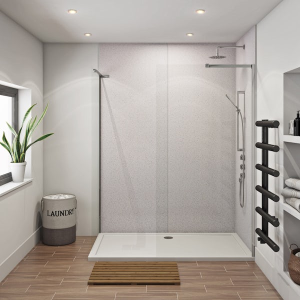 Mode 8mm walk in shower enclosure pack 1700 x 700 with Multipanel Economy Sunlit quartz shower wall panels