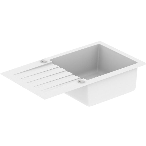 Schon Arola chalk white 1.0 bowl reversible kitchen sink with Schon dual lever kitchen tap